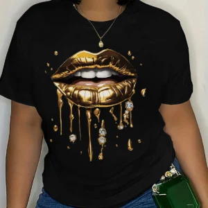 women's black fitted short sleeve t shirt with golden lips diamond graphic print casual round neck summer top aesthetic clothes