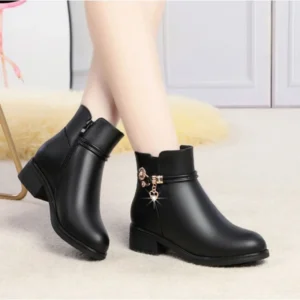2025 winter soft leather furry short boots for women chunky heel warm cotton shoes, flat black leather mom shoes