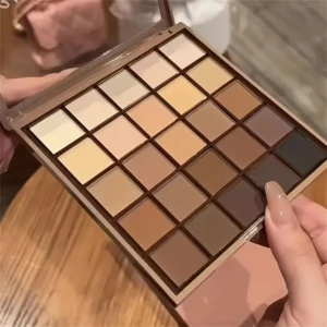 25 color eyeshadow palette neutral gray and brown earthy tone, coffee and chocolate style, create a multi functional makeup appearance that naturally to theate