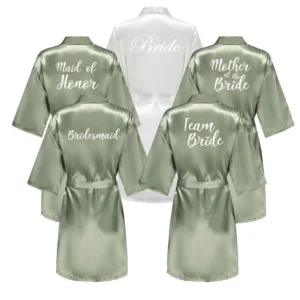 grass green women's white letter bride bridesmaid short satin robes for wedding party getting ready