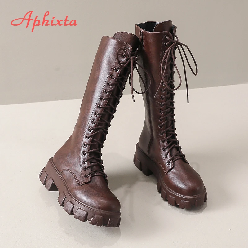 aphixta 2025 winter shoes women's long high boots brown pu leather knee high boots female fashion lace up platform botas mujer aphixta 2025 winter shoes women's long high boots brown pu leather knee high boots female fashion lace up platform botas mujer