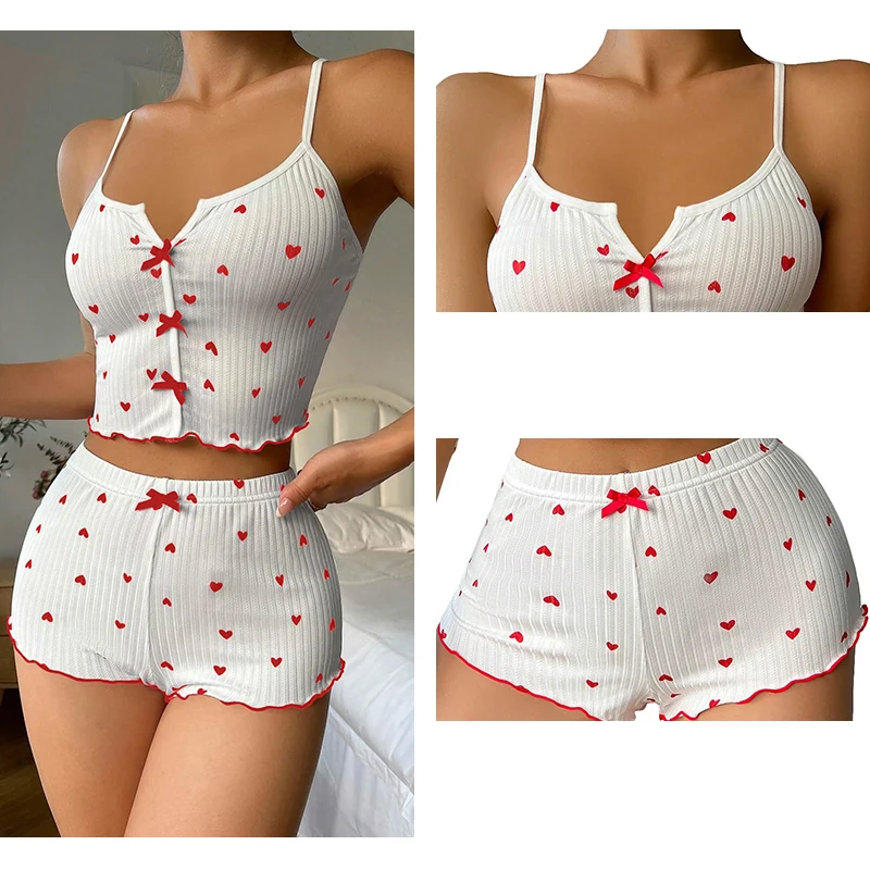 heart women's pajamas set sleepwear pajamas heart print soft ribbed with flirty frill trim casual top and shorts sets loungewear heart women's pajamas set sleepwear pajamas heart print soft ribbed with flirty frill trim casual top and shorts sets loungewear