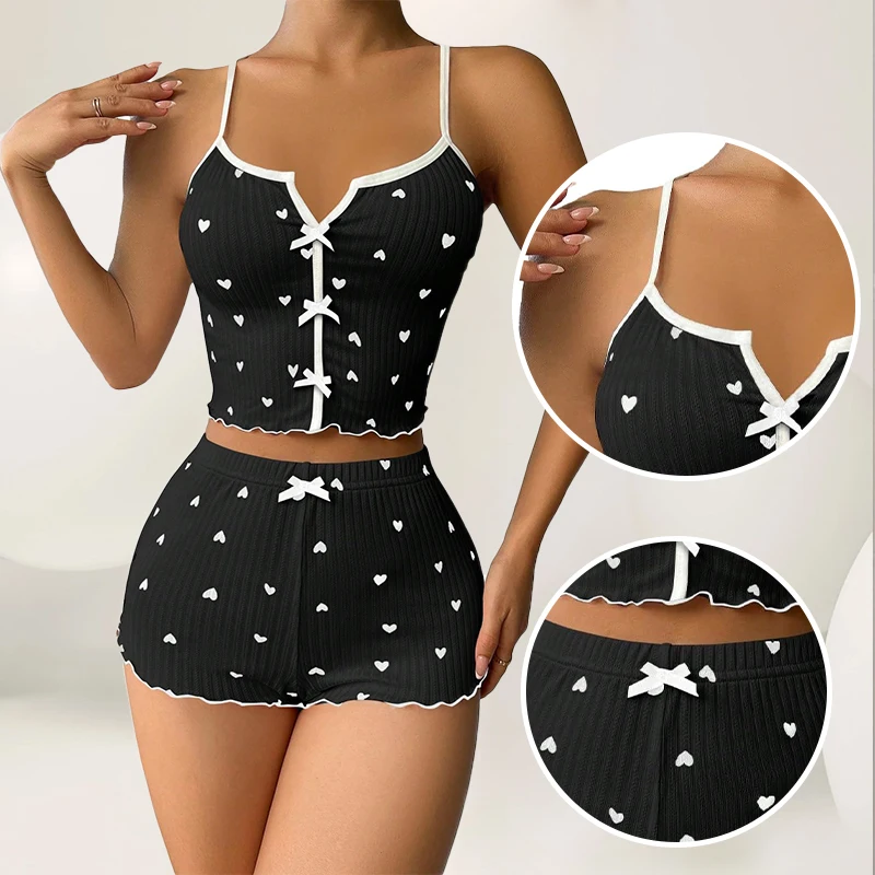 heart women's pajamas set sleepwear pajamas heart print soft ribbed with flirty frill trim casual top and shorts sets loungewear heart women's pajamas set sleepwear pajamas heart print soft ribbed with flirty frill trim casual top and shorts sets loungewear