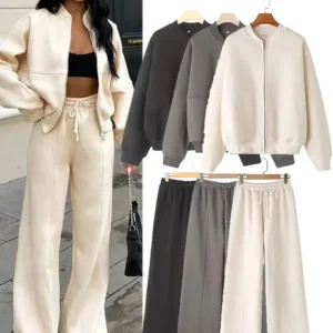 hh women's fall 2 piece retro solid color zip bomber jacket sweatshirt+high waist lace up women's wide leg pants street wear