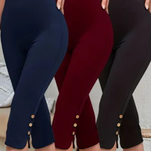 high waisted elastic seven foot pants women's mid calf trousers base layer clothing with button detail